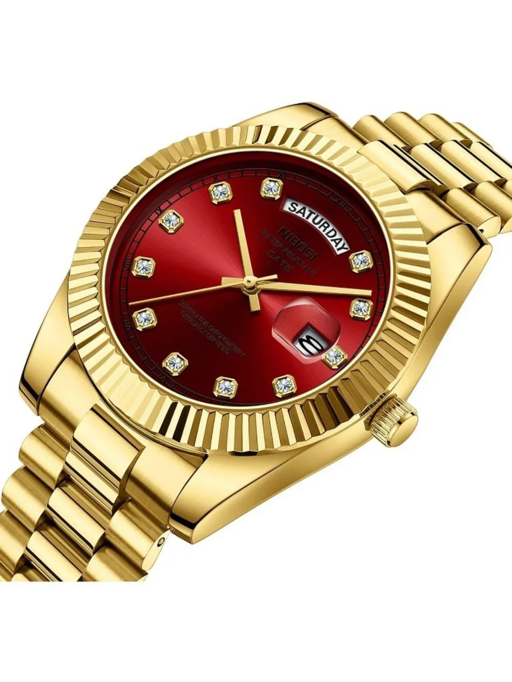 Nibosi Men's Gold Red Analog Quartz Stainless Dimond Waterproof Desiger Watch